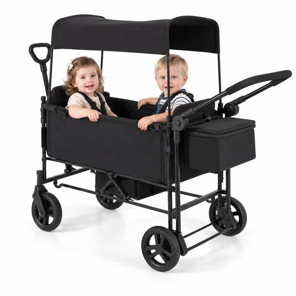 Fenbeli Foldable Wagon Stroller for 2 Kids with Removable Canopy and Adjustable Push Handle, Child 40 lbs Capacity, Oxford Fabric Frame, Black