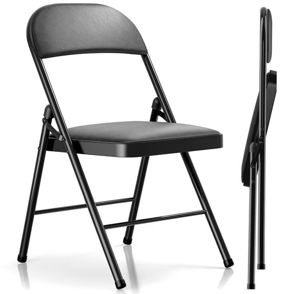 Fenbeli Folding Chair with Cushion, Black Faux Leather Padded Seat and Sturdy Metal Frame, Foldable Single Chair for Home Office Dining and Events
