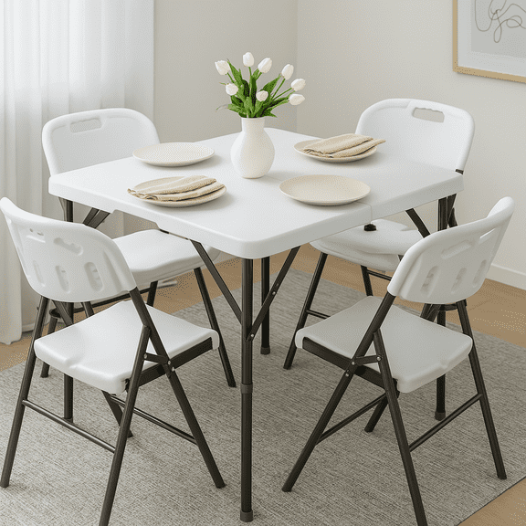 Fenbeli 5 Piece Folding Table and Chairs, Portable Event Card Table with Chairs Set of 4 for Indoor/Outdoor, Picnic, Game Room White