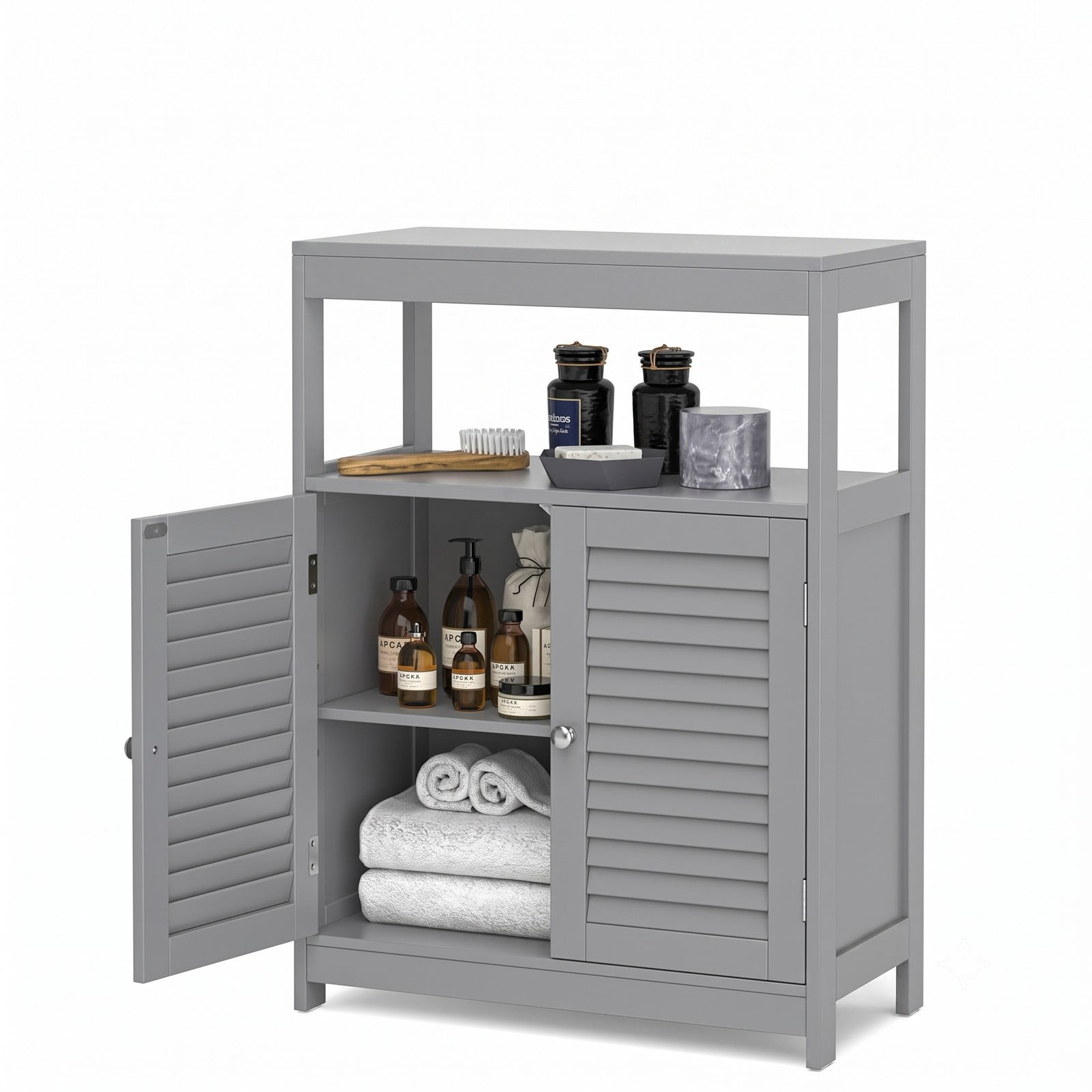 Fenbeli Freestanding Bathroom Floor Cabinet with Double Shutter Doors, MDF Storage Cabinet with Adjustable Shelf and Open Compartment, Side Console Shoe, Gray