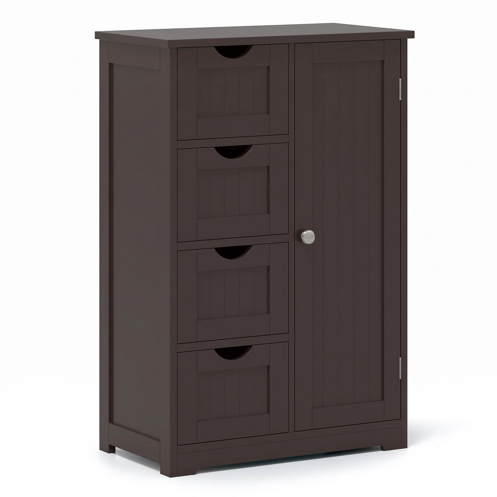 Fenbeli Freestanding Wooden Storage Cabinet with 4 Drawers and Side Door, Modern Bathroom Floor Cabinet Organizer for Living Room Bedroom Entryway, Anti-Tipping, Brown