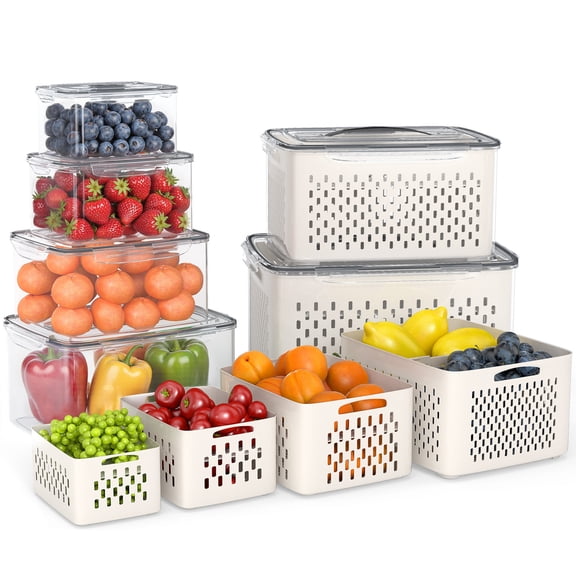 Fenbeli Fruit Vegetable Storage Containers for Fridge, 6 Pack Produce Saver with Lids and Removable Colander, BPA-Free Airtight Fresh Keeper with Adjustable Vent & Divider, Refrigerator Organizer Set