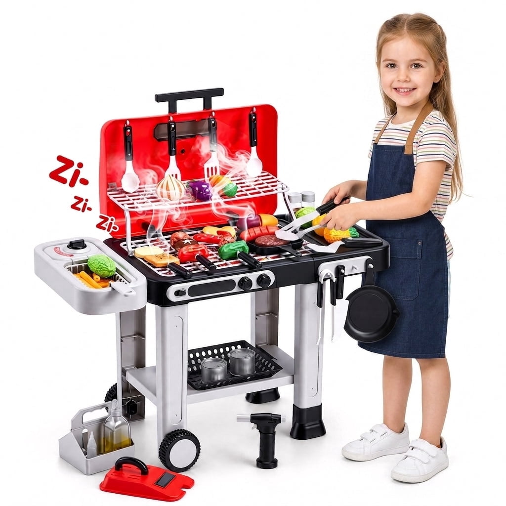 Fenbeli Kids BBQ Grill Toy with Spray Mist, Lights, Sounds and Color-Changing Play Food, Rolling Pretend Kitchen Set