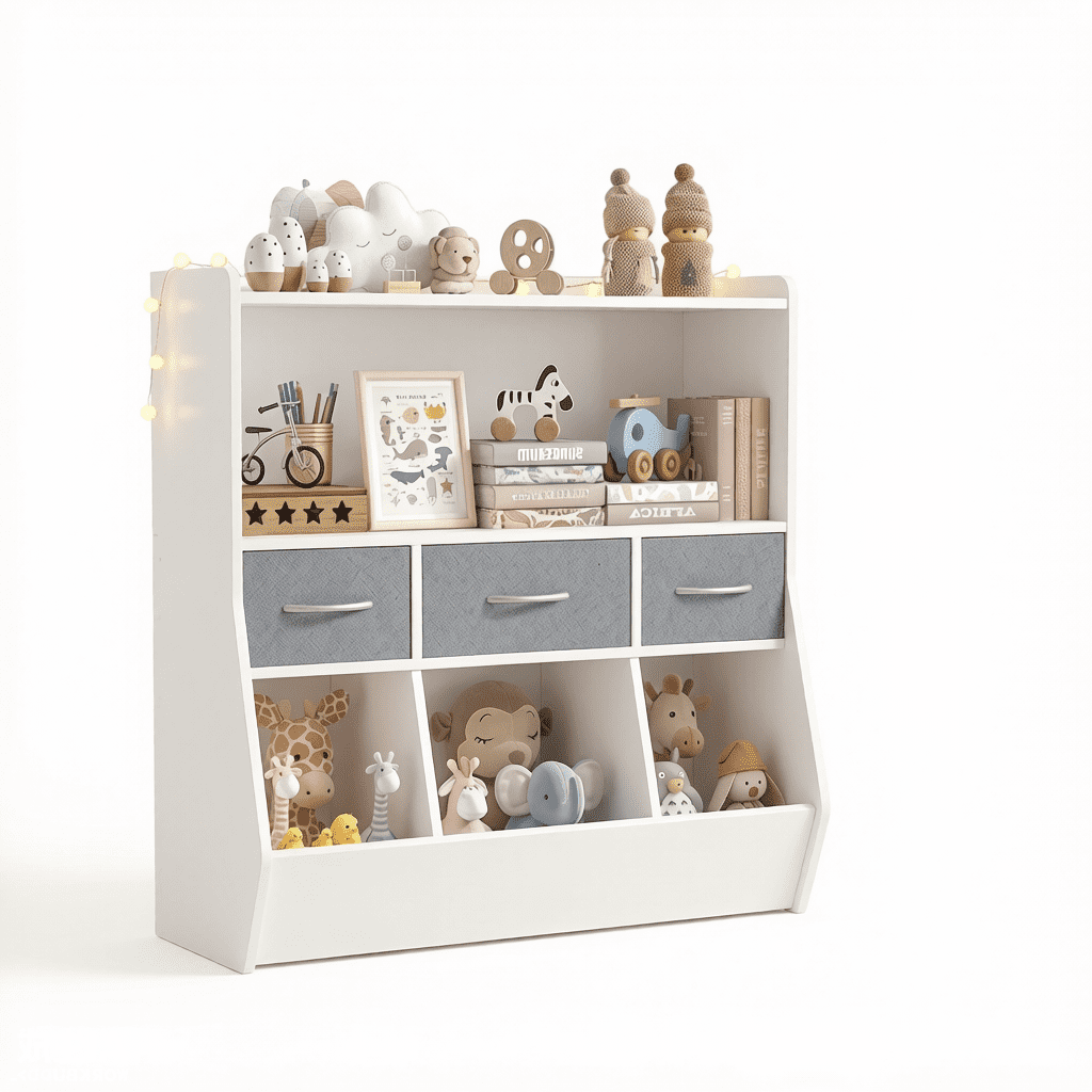 Fenbeli Kids Bookshelf and Toy Storage Organizer, White MDF Bookcase with 3 Removable Fabric Bins Open Compartments and Rounded Edges, for Nursery Bedroom and Playroom