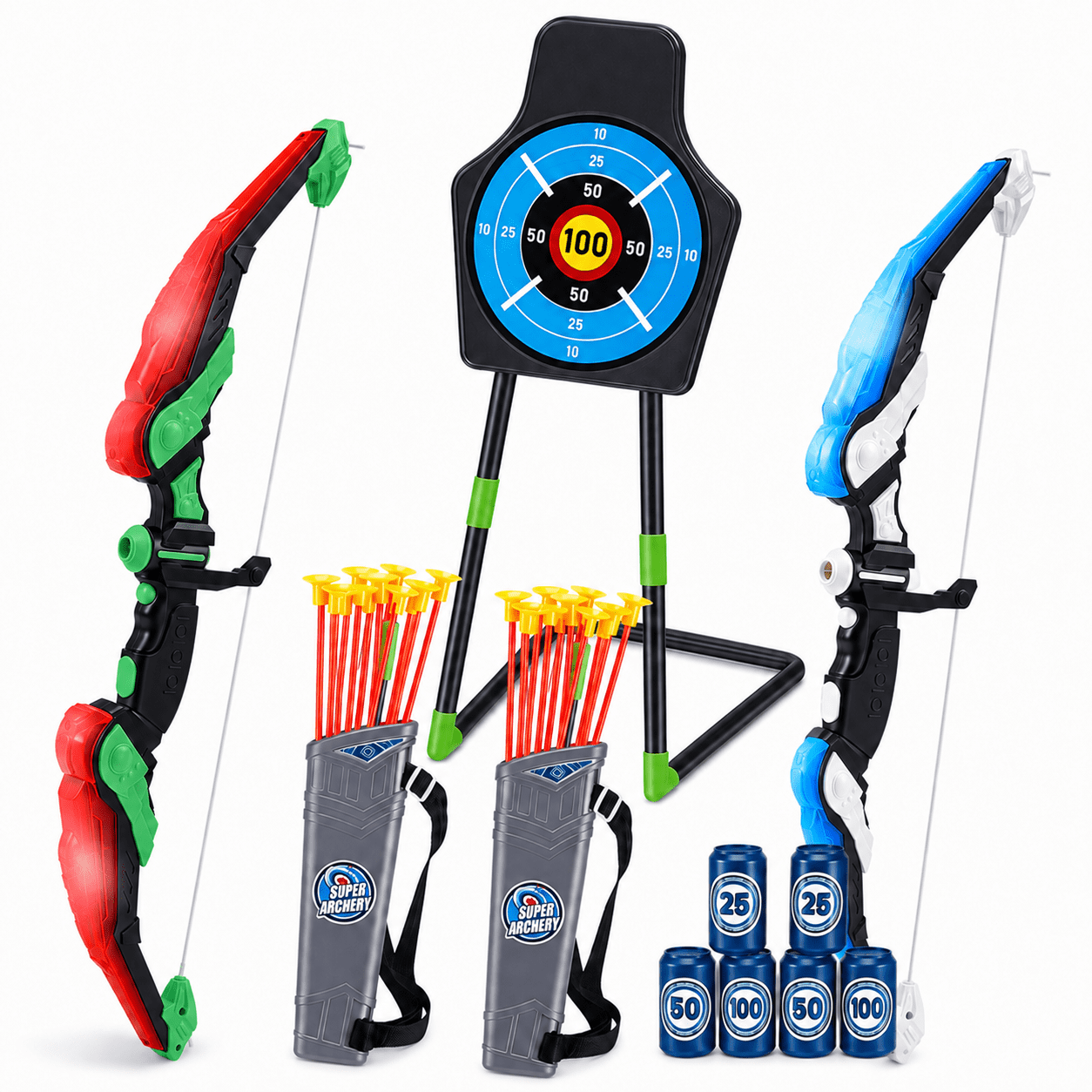 Fenbeli Light-Up Bow and Arrow Set with 2 LED Bows, 20 Suction-Cup Arrows, Standing Target and 2 Quivers