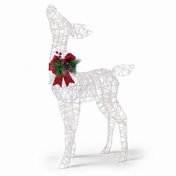 Fenbeli Lighted Christmas Deer Decorations with Cold White LED Lights, Metal Tinsel PVC Frame, 20.5" x 8" x 34.5" Footprint, White