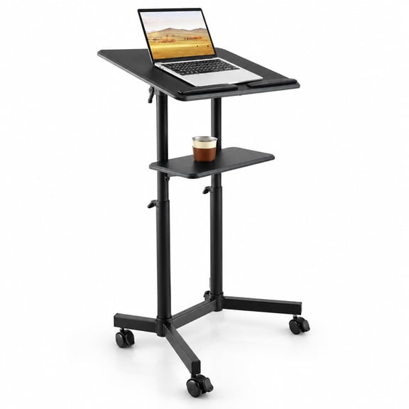 Fenbeli Mobile Lectern Podium Height-adjustable Rolling Laptop Cart with Tilting Top Storage Tray, 45 lbs Capacity, MDF Metal Frame, Black