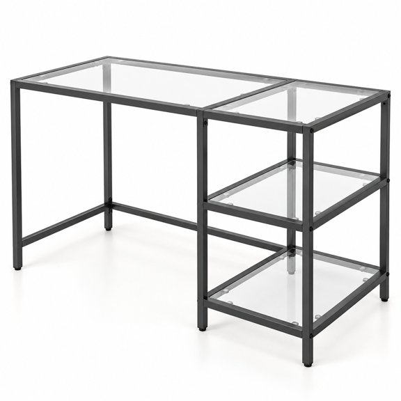 Fenbeli Modern Console Table with 2 Open Shelves and Metal Frame, Tempered Glass Metal Frame, 42" x 20" x 30" (L x W x H) Storage Footprint, Black