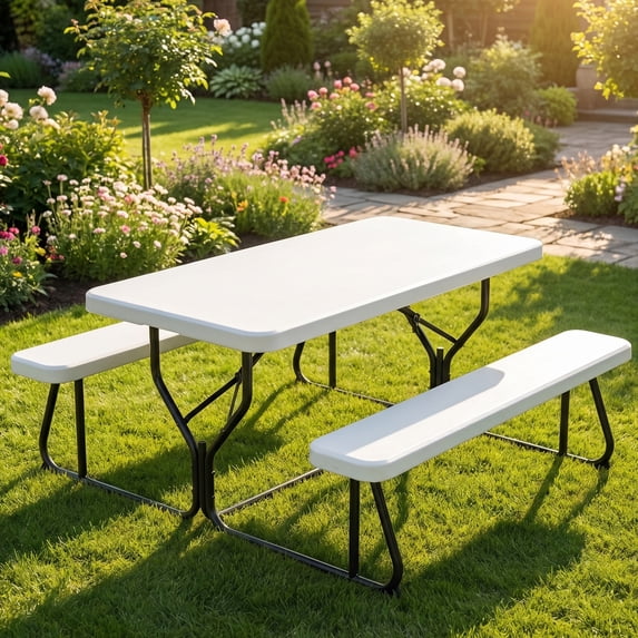 Fenbeli White Outdoor Picnic Table and Bench Set, Weather-Resistant Patio Dining Furniture for Garden, Backyard, Deck