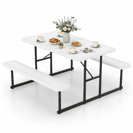 Fenbeli Outdoor Picnic Table with 2 Benches, HDPE Rectangular Dining Set for 2-4 People, Weather-Resistant, White