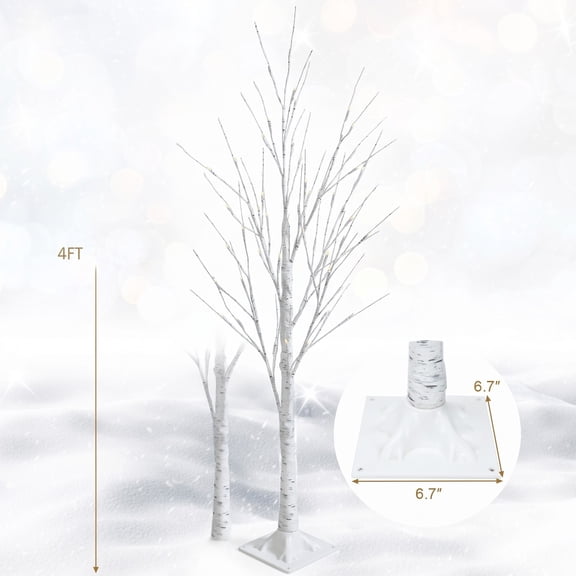 Fenbeli Pre-lit White Twig Birch Tree for Christmas Holiday with LED Lights-4 ft, metal plastic Height: 4/5/6 ft Frame, White