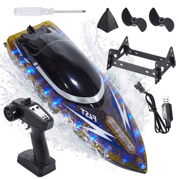 Fenbeli Remote Control Boat for Kids, High Speed RC Boat with LED Lights, Auto Flip Capsize Recovery, Full Proportional Control and Low Battery Alarm, Fast Pool Lake