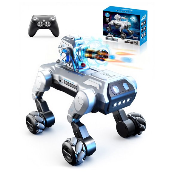 Fenbeli Remote Control Robot Dog Toy for Kids with Projectile Launcher, Drifting, Dancing, Water Spray, LED Lights and Rechargeable Battery, Silver