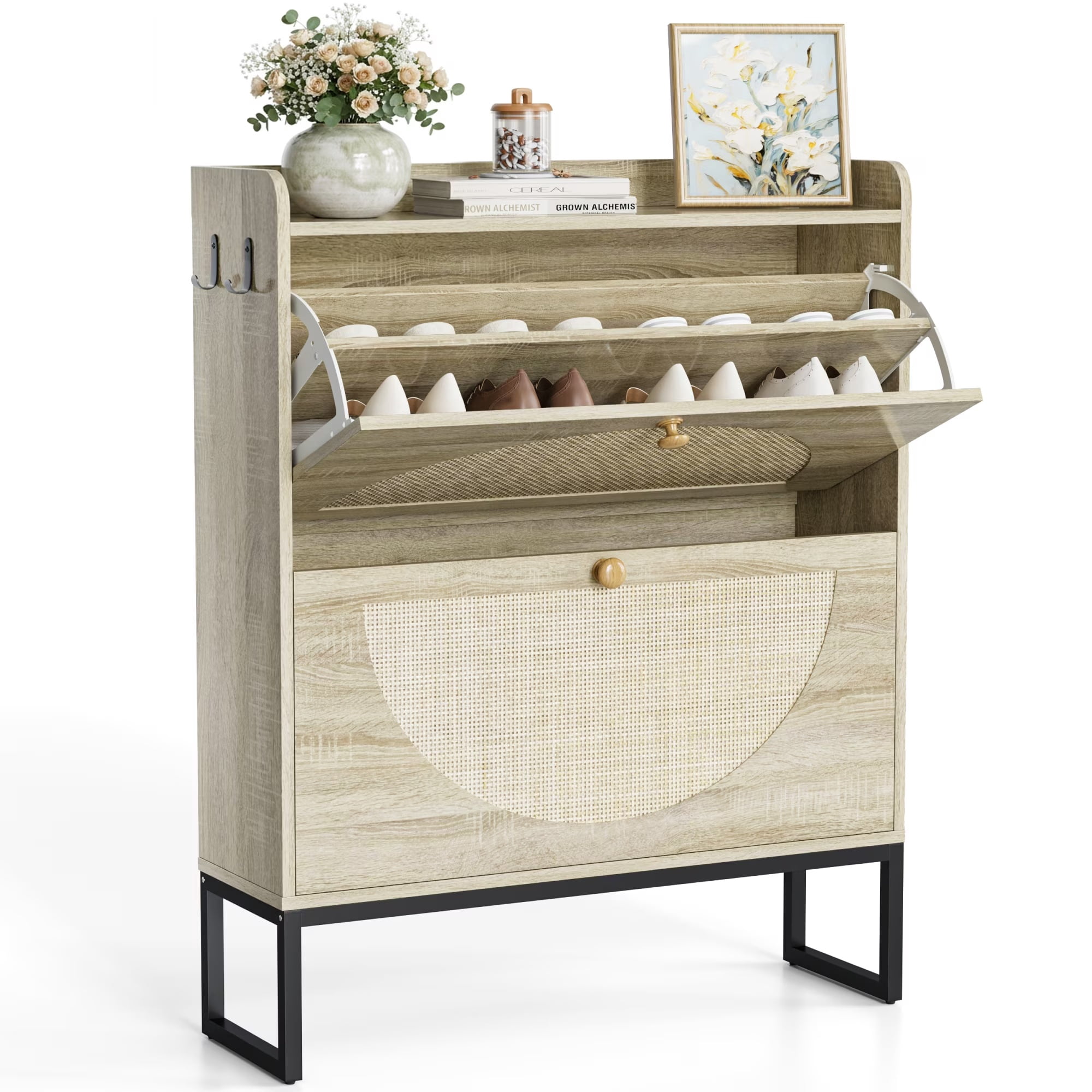 Fenbeli Shoe Cabinet with Woven Rattan Doors, Slim Natural Wood Organizer with Adjustable Shelves, Freestanding Shoe Storage for Entryway Hallway and Bedroom