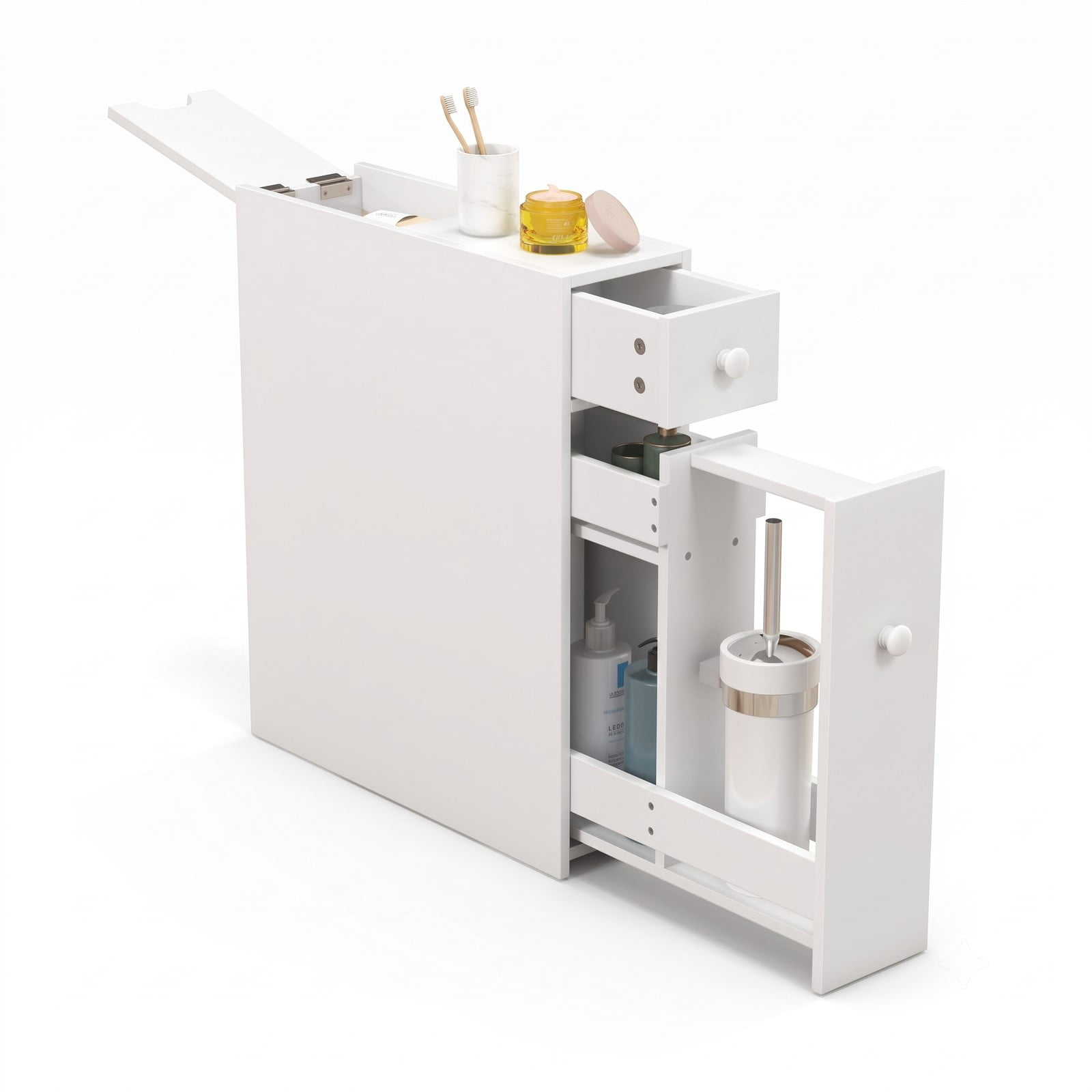 Fenbeli Slim Bathroom Floor Cabinet, Freestanding Slide-Out Space Saver Storage Organizer with Door, Narrow MDF Side Cabinet for Bathroom Living Room Kitchen, White