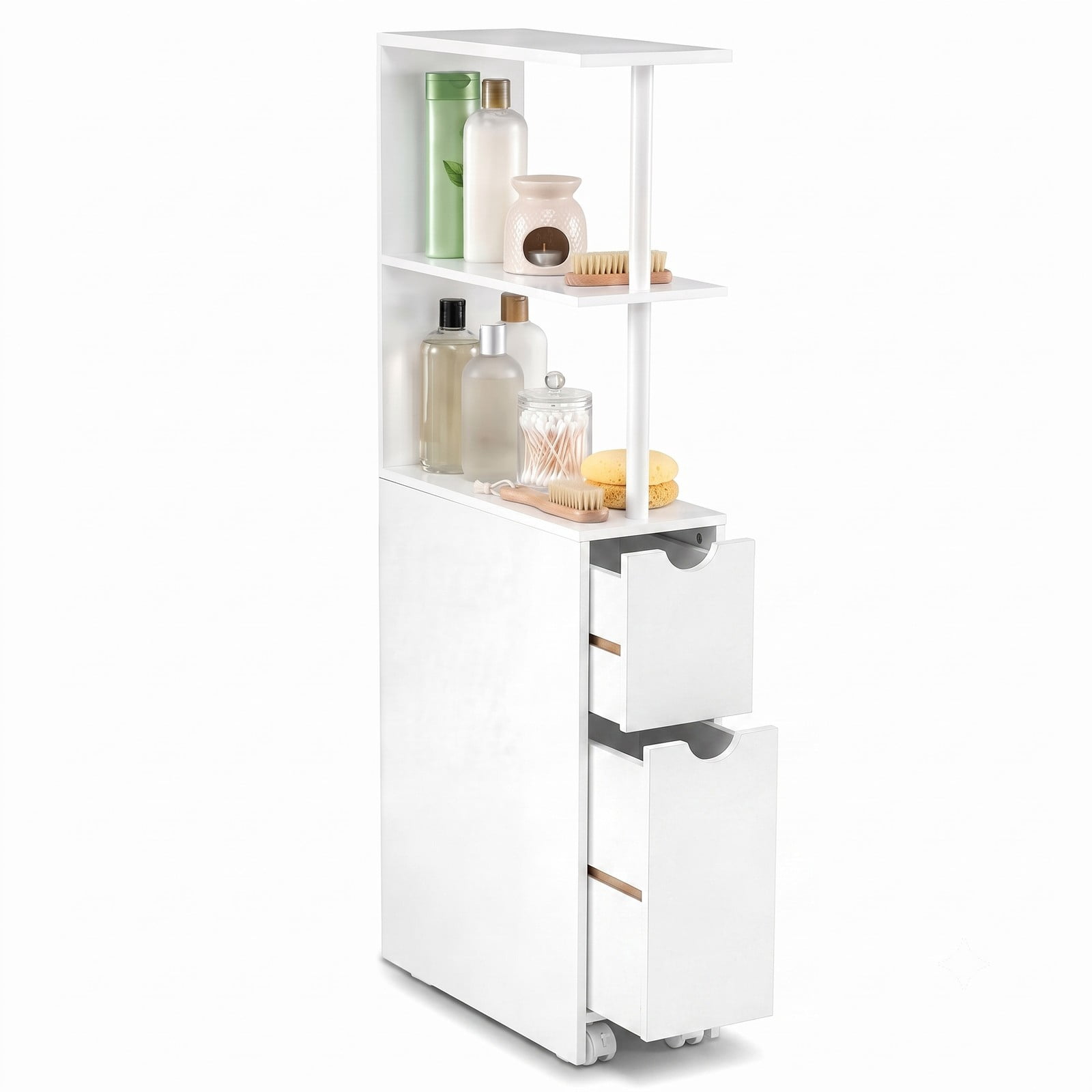 Fenbeli Slim Freestanding Bathroom Storage Cabinet, Narrow Floor Organizer with 3 Open Shelves, Pull-Out Drawer and Rolling Casters for Bathroom Living Room, White