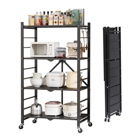 Fenbeli Storage Shelves 4-Tier Foldable Metal Wire Storage Shelf with Wheels, Heavy Duty Organizer Rack for Garage, Kitchen, Closet, Black
