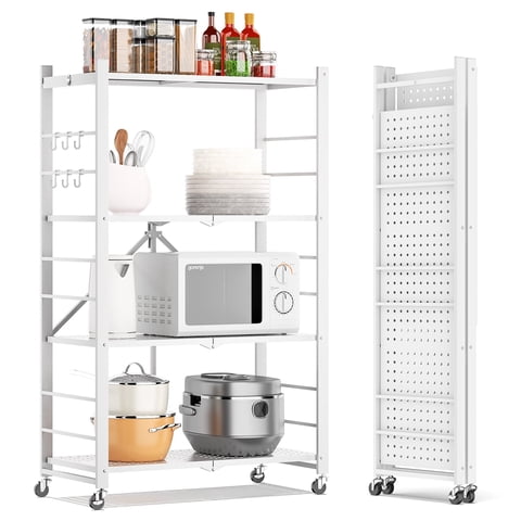 Fenbeli Storage Shelves 4-Tier Foldable Metal Wire Storage Shelf with Wheels, Heavy Duty Organizer Rack for Garage, Kitchen, Closet, White