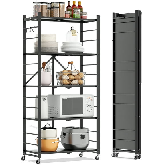 Fenbeli Storage Shelves,5-Tier Foldable Metal Wire Storage Shelf with Wheels, Heavy Duty Organizer Rack for Garage, Kitchen, Closet, Black