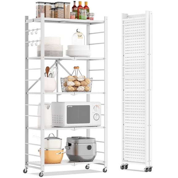 Fenbeli Storage Shelves 5-Tier Foldable Metal Wire Storage Shelf with Wheels, Heavy Duty Organizer Rack for Garage, Kitchen, Closet, White