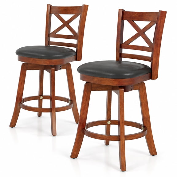 Fenbeli Swivel Barstools Set of 2 with Backrest and Footrest-24 Inches, 350 lbs Capacity, Rubberwood PU MDF Sponge Frame, Antique Walnut + Black