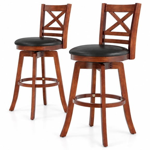 Fenbeli Swivel Barstools Set of 2 with Backrest and Footrest-29 Inches, 350 lbs Capacity, Rubberwood PU MDF Sponge Frame, Antique Walnut + Black