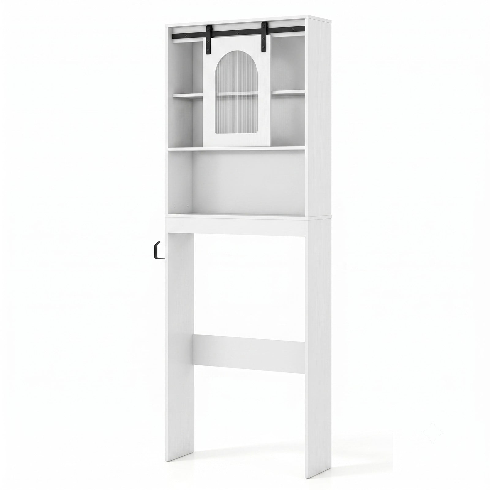 Fenbeli Over The Toilet Storage Cabinet with Sliding Barn Door and Open Shelves, Farmhouse Bathroom Space Saver Organizer Over Toilet Rack with Side Hooks, White