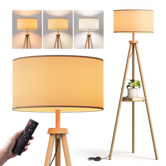 Fenbeli Tripod Floor Lamp with Shelf, 59" Wood Standing Lamp with Remote & APP, Dimmable 3 Color Temperature RGB LED Bulb Included, Linen Shade for Living Room Bedroom, Natural