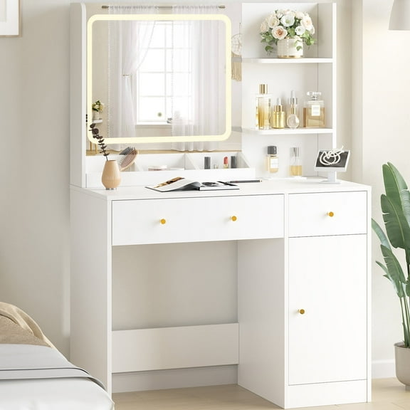 Fenbeli White Vanity Desk with Lighted Mirror, Makeup Table with Charging Station, Large Vanity Set with 3 Storage Compartments for Bedroom