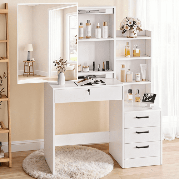 Fenbeli White Lighted Makeup Vanity Table with Sliding Sliding Mirror, Modern Dressing Table Desk with Storage for Bedroom