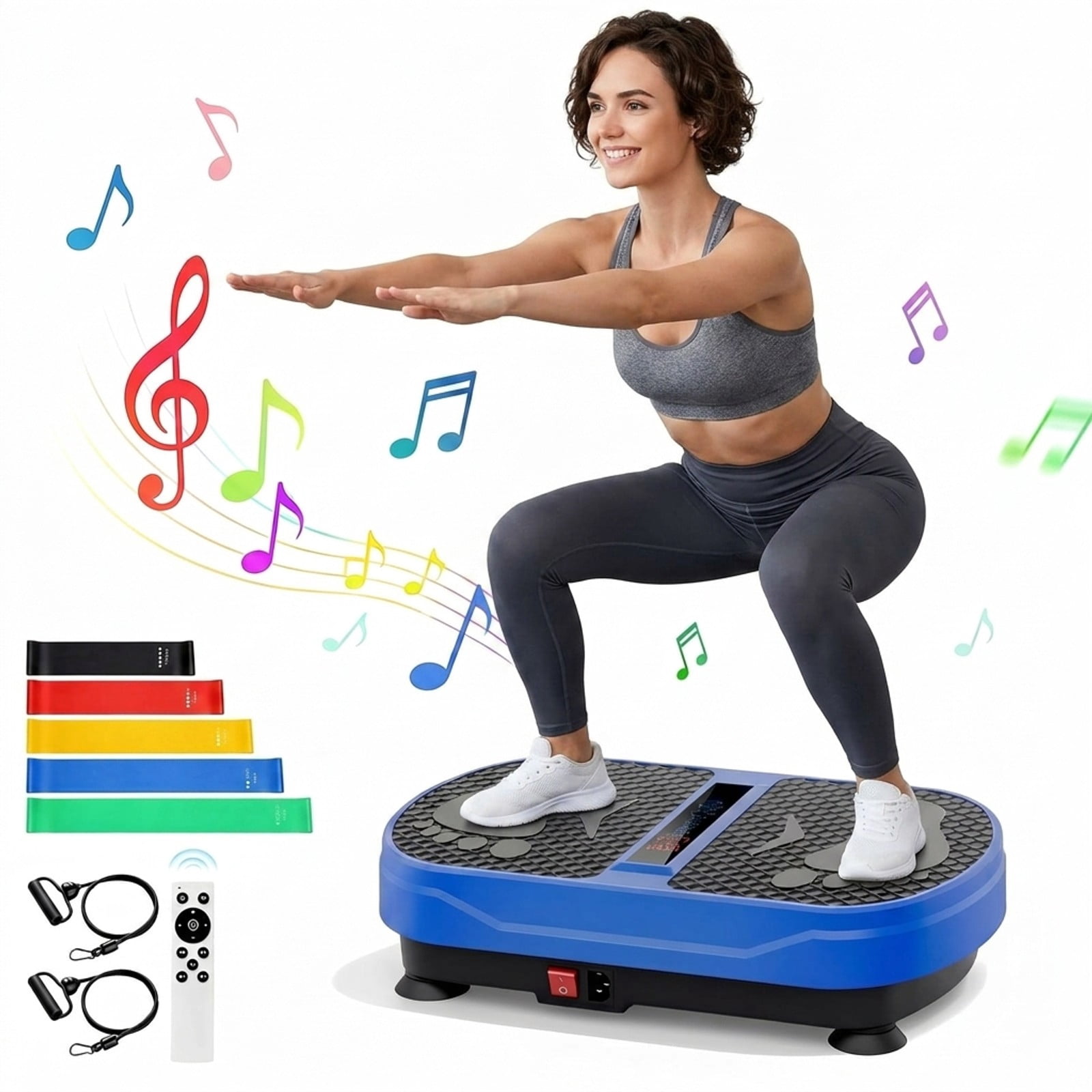 Fenbeli Vibration Plate Exercise Machine, 1-999 Speeds, Bluetooth Speaker, Remote, 2 Loops and 5 Resistance Bands, 450 lb Capacity, Blue