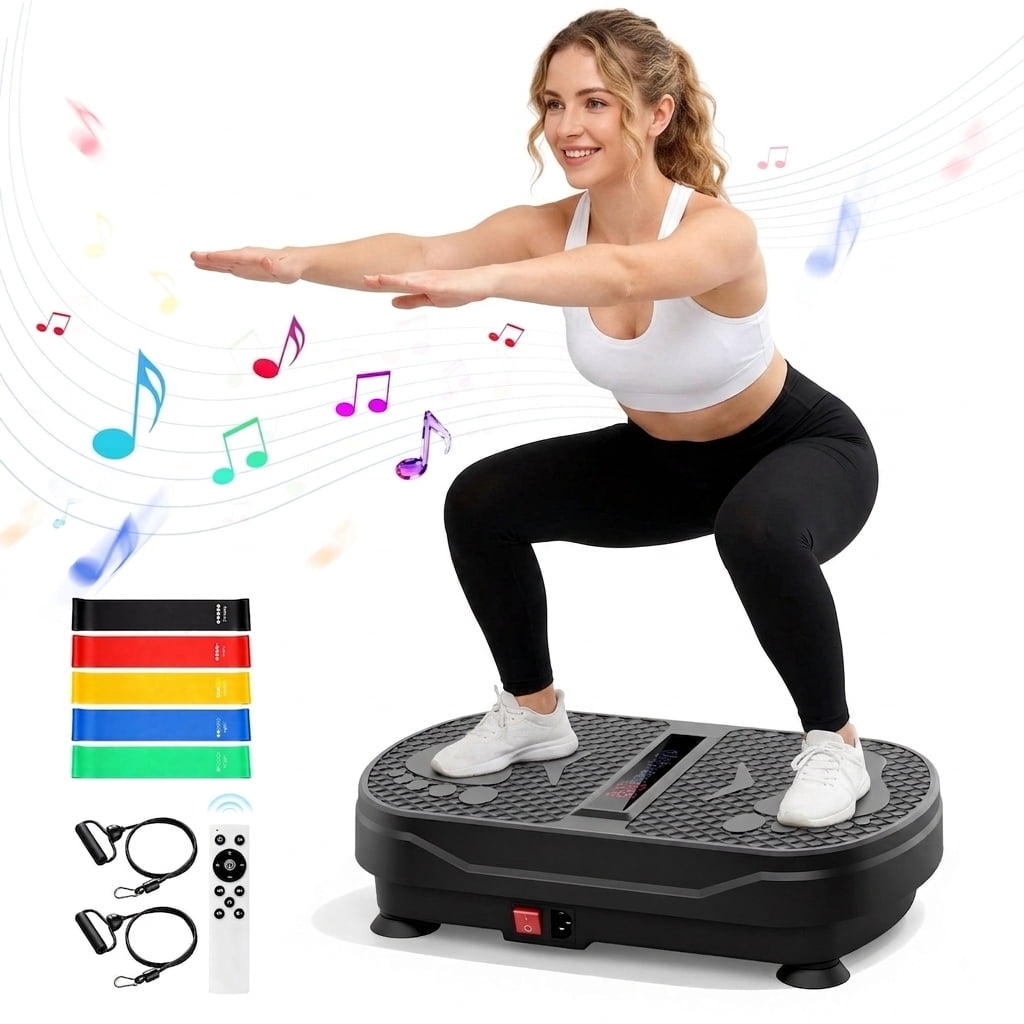 Fenbeli Vibration Plate Exercise Machine for Full-Body Workouts, 1-999 Speeds, Wireless Speaker, Remote, 2 Loops and 5 Resistance Bands, 450 lb Capacity, Black