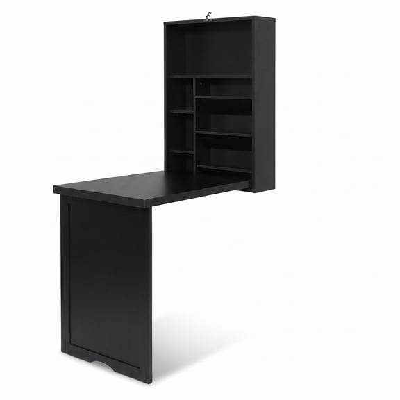Fenbeli Wall Mounted Fold-Out Convertible Floating Desk Space Saver, Engineered Wood MDF Frame, 36" x 24" x 58" Footprint, Black
