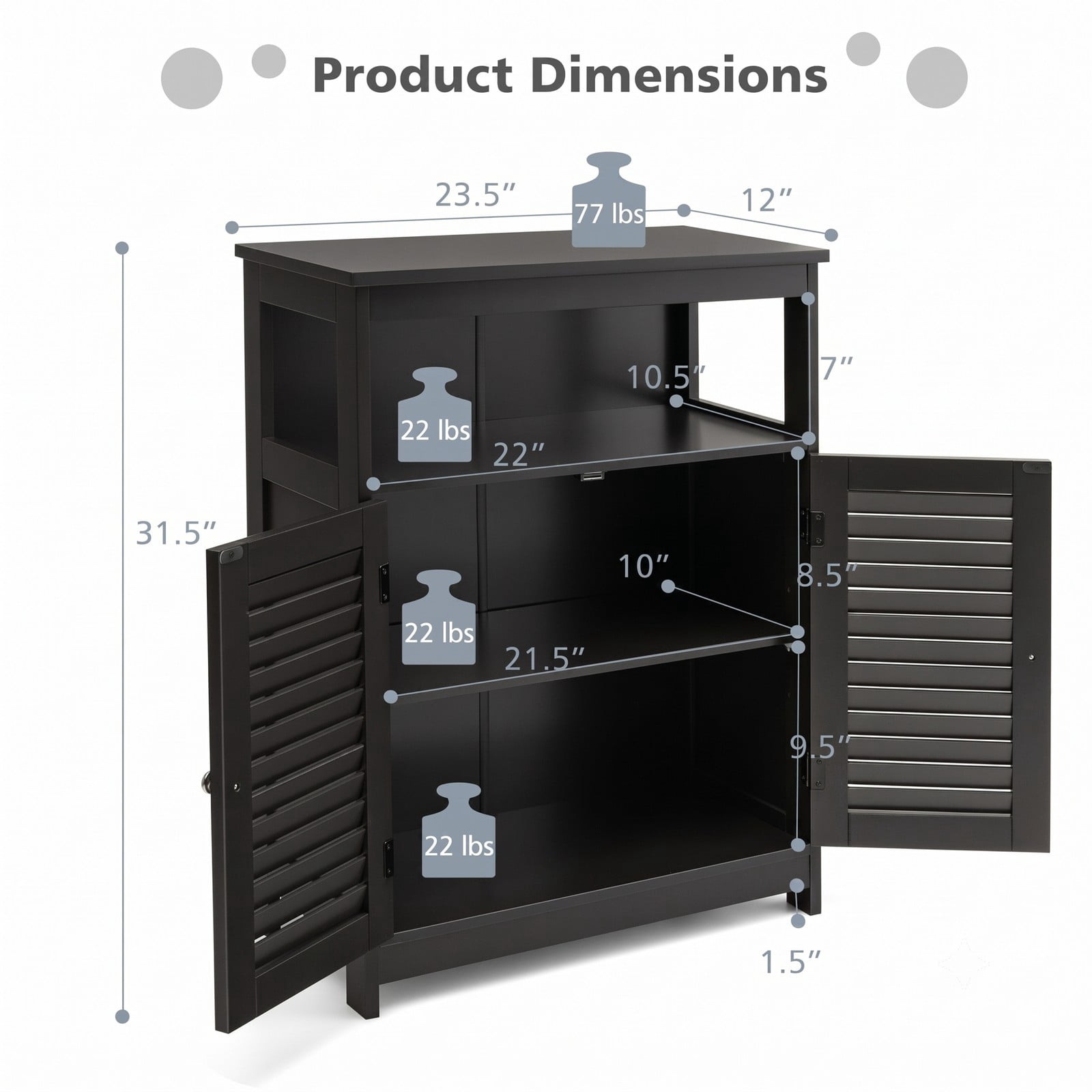 Fenbeli Wood Freestanding Bathroom Storage Cabinet, Double Shutter Doors with Adjustable Inner Shelf and Anti-Tipping Device, Floor Organizer Cabinet for, Black