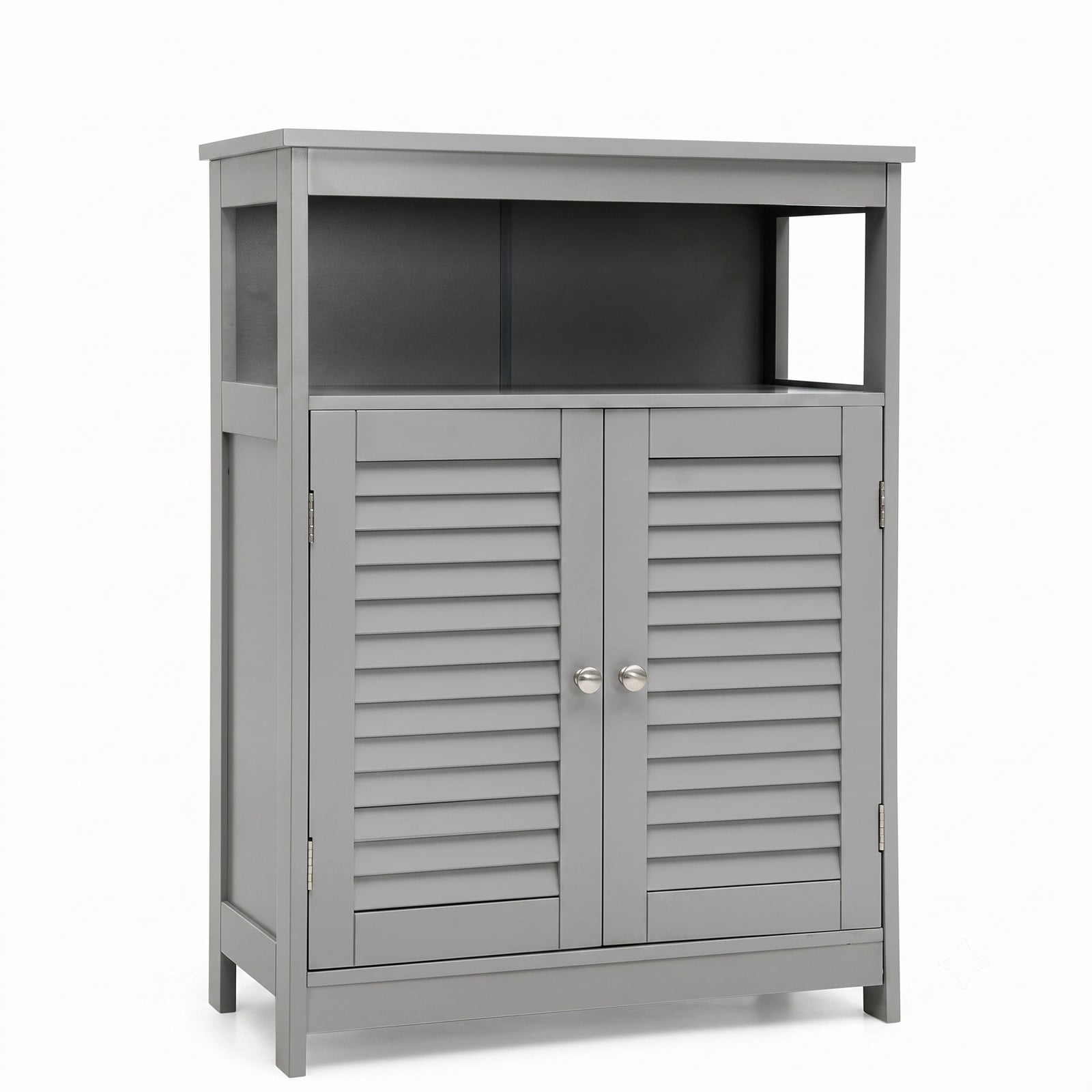 Fenbeli Wood Freestanding Bathroom Storage Cabinet with Double Shutter Doors, Adjustable Shelf, Anti-Tipping Floor Organizer for Bathroom Living Room Bedroom, Gray