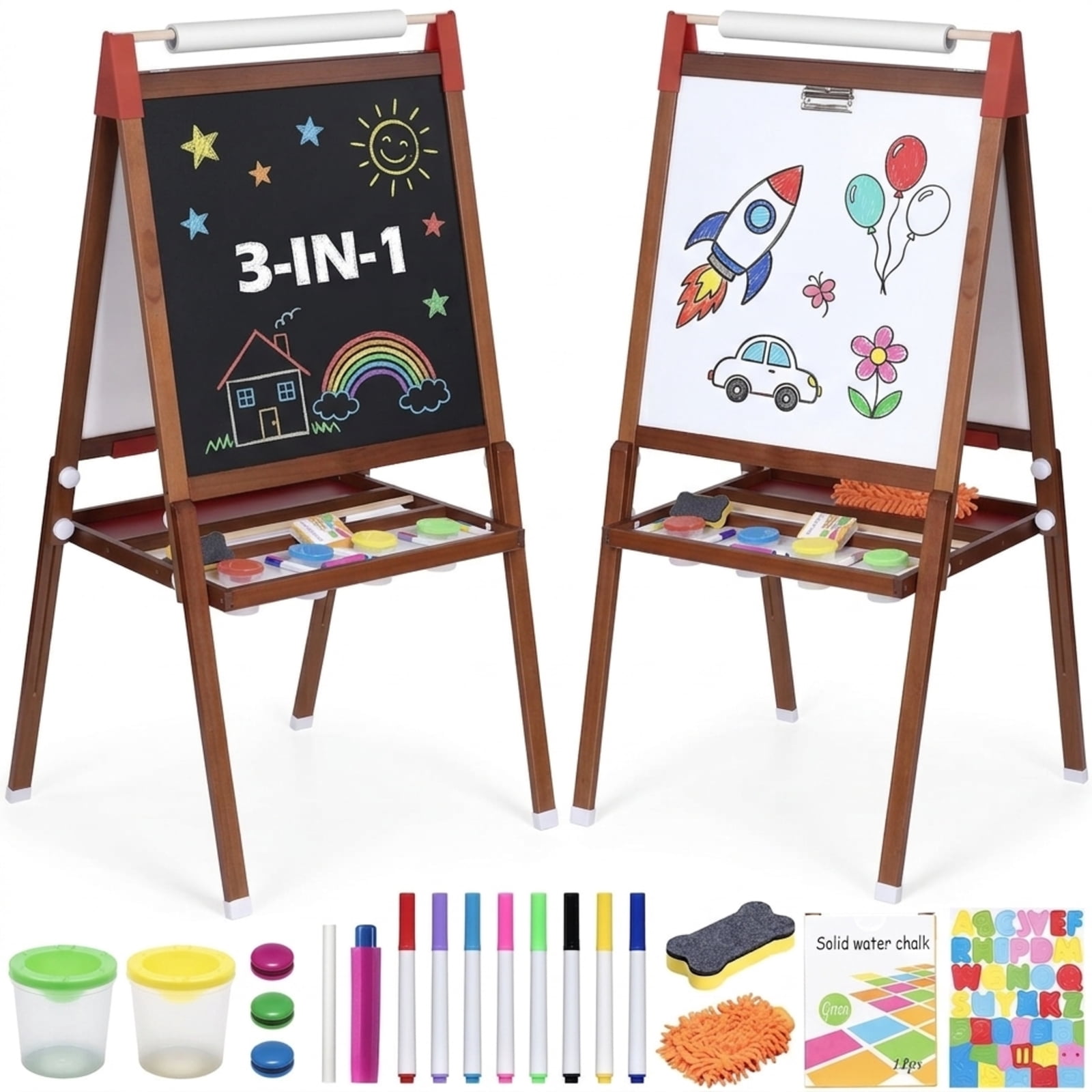 Fenbeli Wooden Kids Art Easel, Height-Adjustable Double-Sided Magnetic Whiteboard and Chalkboard for Ages 3-12, Natural Wood