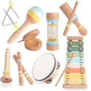 Fenbeli Wooden Musical Instruments Set for Toddlers, 9-Piece Toy Percussion Band Kit with Tambourine Xylophone Maracas Castanets, Early Learning Music Toys for Boys and