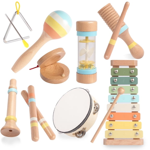 Fenbeli Wooden Musical Instruments Set for Toddlers, 9-Piece Toy Percussion Band Kit with Tambourine Xylophone Maracas Castanets, Early Learning Music Toys for Boys and