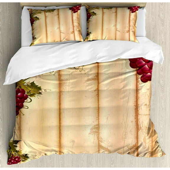 Fence Duvet Cover Set Queen Size, Grapevine Branches on Wooden Planks Flowering Plants Pruning Merlot, Decorative 3 Piece Bedding Set with 2 Pillow Shams, Sand Brown Ruby Green Brown, by Ambesonne