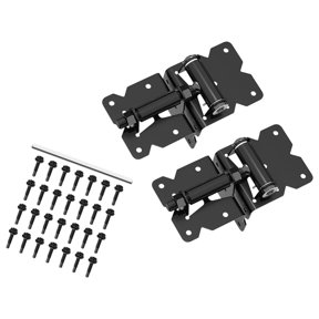 Fence Gate Hinge Spring Return Hardware Set, Adjustable Tension, Black Coated Metal, Mounting Screws Rod, Garden Entry Repair