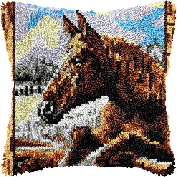 Fence Horse Latch Hook Pillow Kits DIY Pillowcase Cushion Cover Crochet Hooking Pillow Making Kits with Color Pattern Canvas Crochet Hooking Kits Pillow 43x43cm(Z05)
