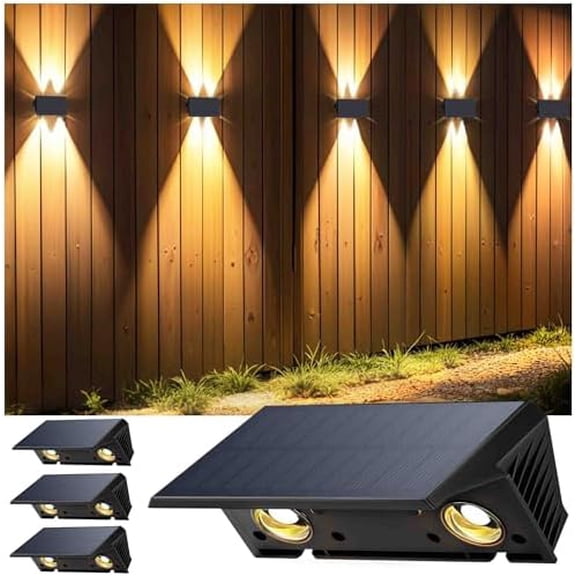 Fence Lights Solar Powered, 4-Pack Solar Fence Lights Up/Down Flexible Buttons, IP67 Waterproof for Outdoor, 100LM Bright, Auto Dusk to Dawn for Wall/Stairs/Yard/Railing/Deck/Pathway (Warm White)