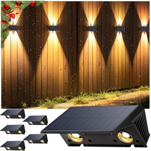 Fence Lights Solar Powered, 6-Pack Solar Fence Lights Up/Down Flexible Buttons, IP67 Waterproof for Outdoor, 100LM Bright, Auto Dusk to Dawn for Wall/Stairs/Yard/Railing/Deck/Pathway (Warm White)
