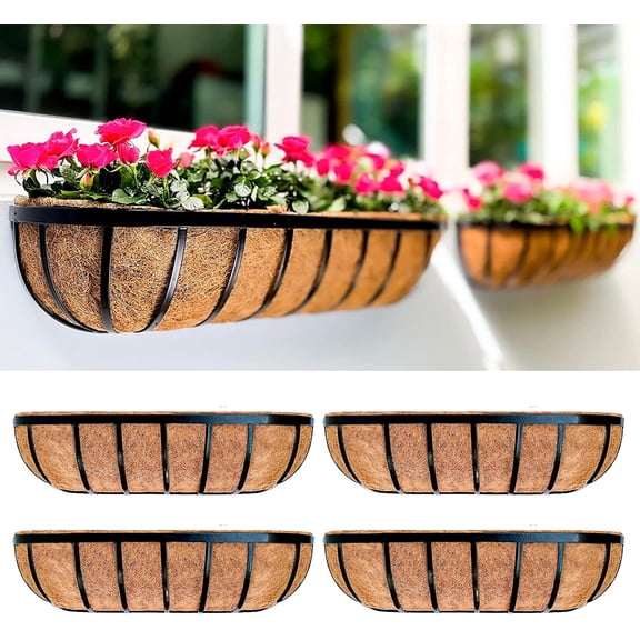 Fence Planters for Outdoor Plants (24 Inch, 4 Pack) Black Metal Window Boxes Planter To Attach To House, Wall Mounted Flower Coco Baskets Outside Deck Railing Balcony Garden Porch Patio Rail