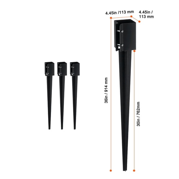 Fence Post Anchor Ground Spike,4 Pack 36x4x4"es Outer Diameter (Inner Diameter 3.5 x3.5"es),Metal Black Powder Coated Post Stake Ground,for Mailbox Deck Garden Railing