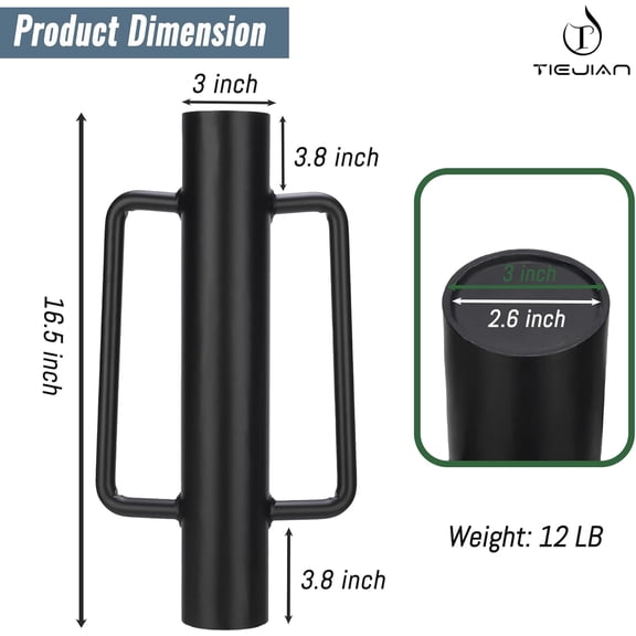 Fence Post Driver T Post Pounder with Handle 12 LB, Heavy Duty Hand Post Rammer for Wooden Posts/U-Channels/Fence Posts, 16 Inch Post Hole Digger (Black)