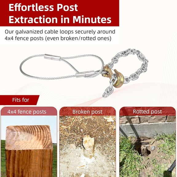 Fence Post Remover Tool with Galvanized Cable & Chain - Works with Jack/Lever, Effortlessly Extract 4x4 Fence Poles(Even Broken Ones) for Residential/Agricultural Fence Repair
