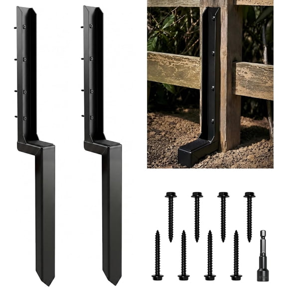 Fence Post Repair Anchor, Heavy Duty Steel Thickened Fence Post Repair Kit, Ground Stakes Quick Fix Tilted/Broken/Leaning 4x4/6x6 Wooden and Metal Posts, Set of 2, Black