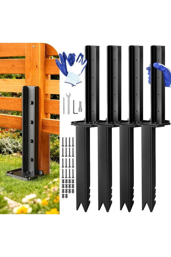 Fence Post Repair Kit, 4Pcs Heavy Duty Fence Post Anchor Ground Stakes, Robust Quick-Fix Wood Support for Broken/Leaning/Tilted/Degraded Wood with Gloves/Installation, Easy to Install,Black
