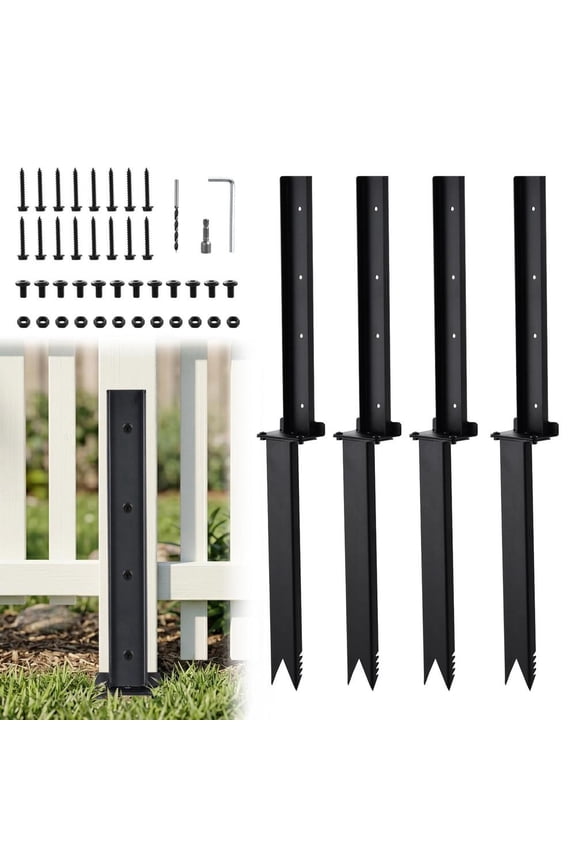 Fence Post Repair Kit, 4Pcs Heavy Duty Fence Post Anchors Ground Stakes, Robust Quick-Fix Wood Support for Broken/Leaning/Degraded Wood with Gloves/Installation, Easy to Install,Black